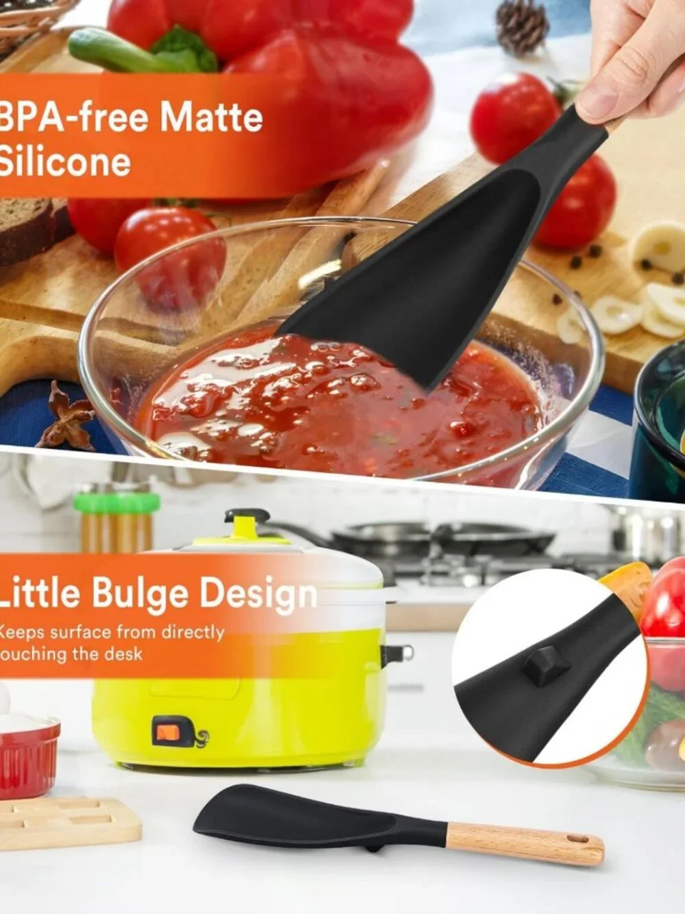 Nonstick Cooking Spoon Set - BPA-Free Silicone & Wood Handle, 11.4